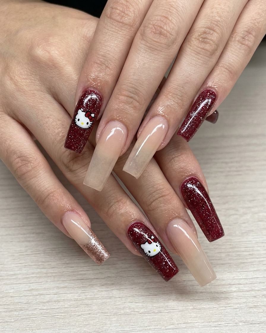 Un pennello liner fine che crea un preciso arco di glitter oro rosa sullunghia.