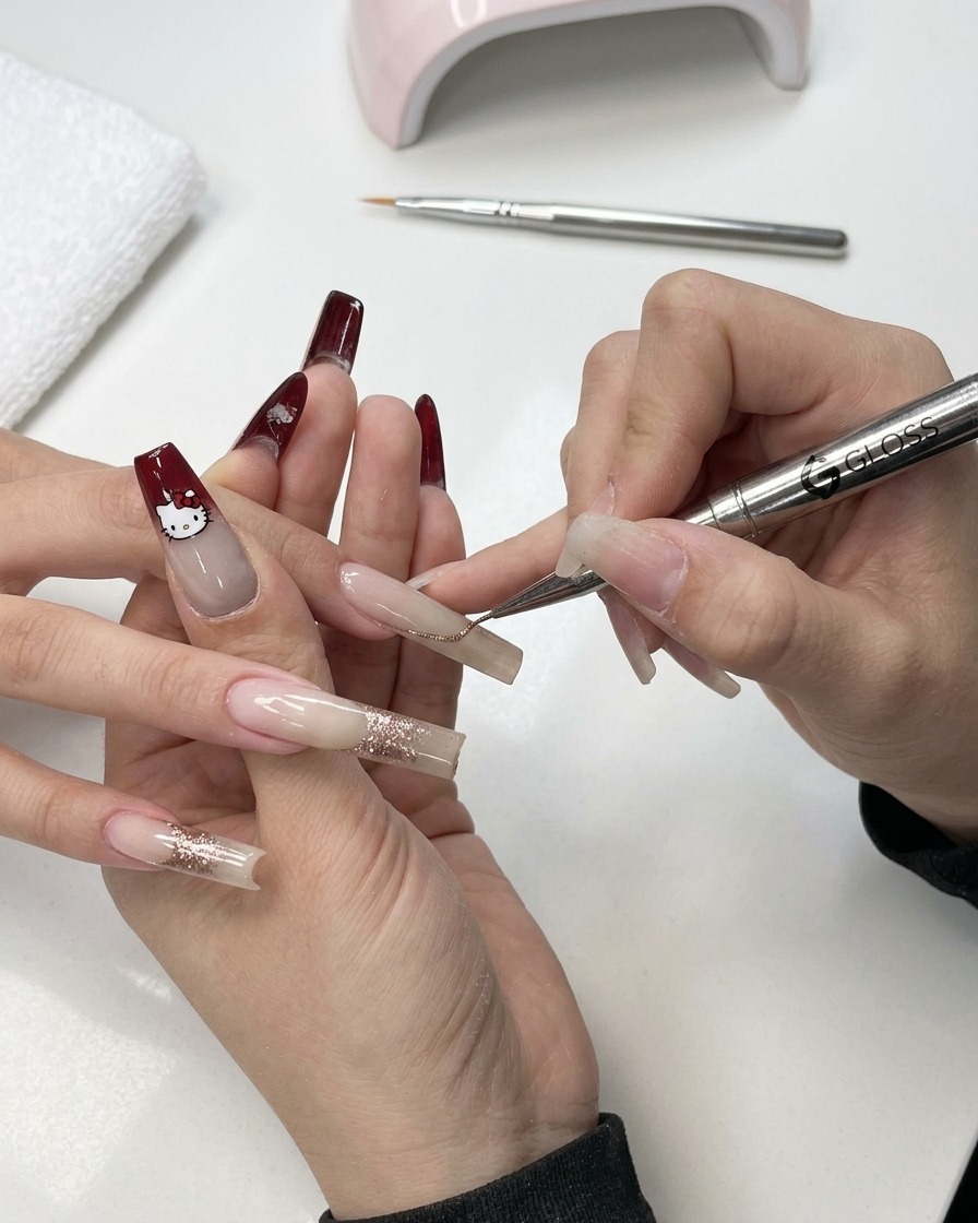 Un pennello per dettagli che aggiunge una piccola quantità di glitter per perfezionare il nail design.