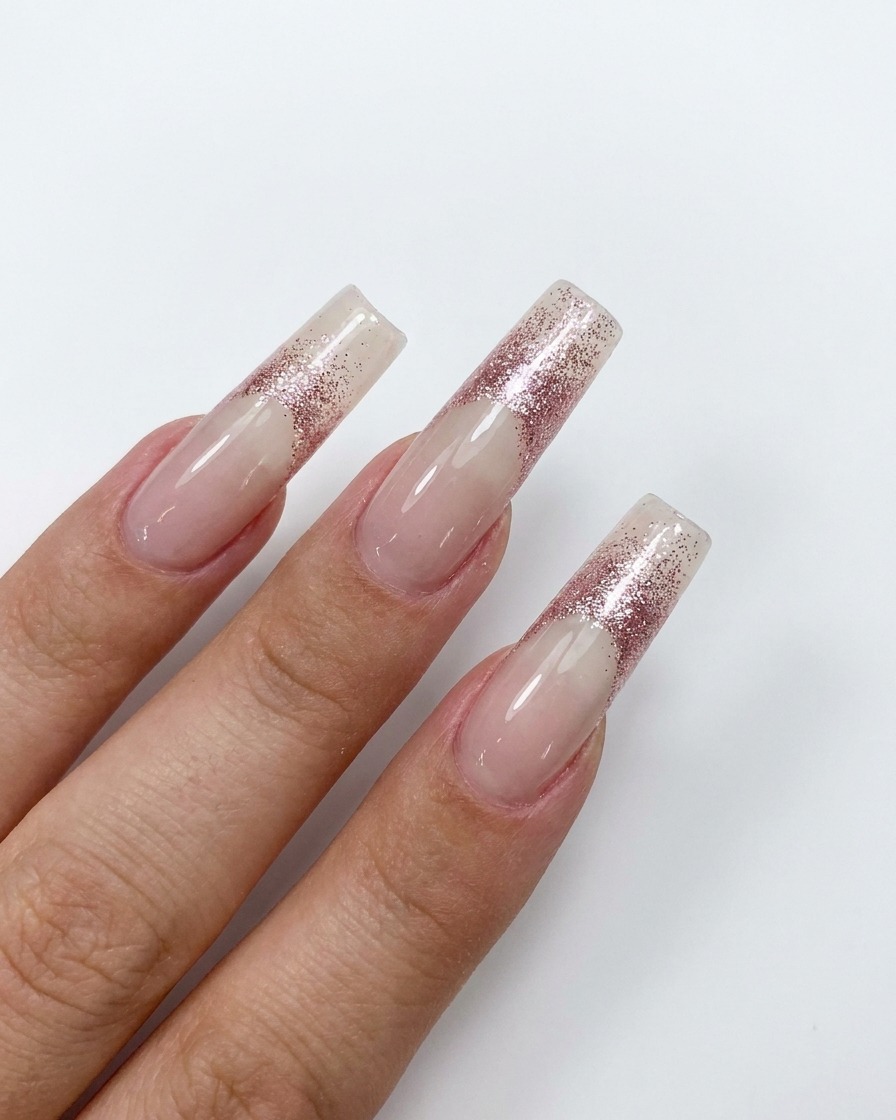 Primo piano del pennello di un nail artist che sfuma i glitter oro rosa verso il basso su ununghia lunga color carne.