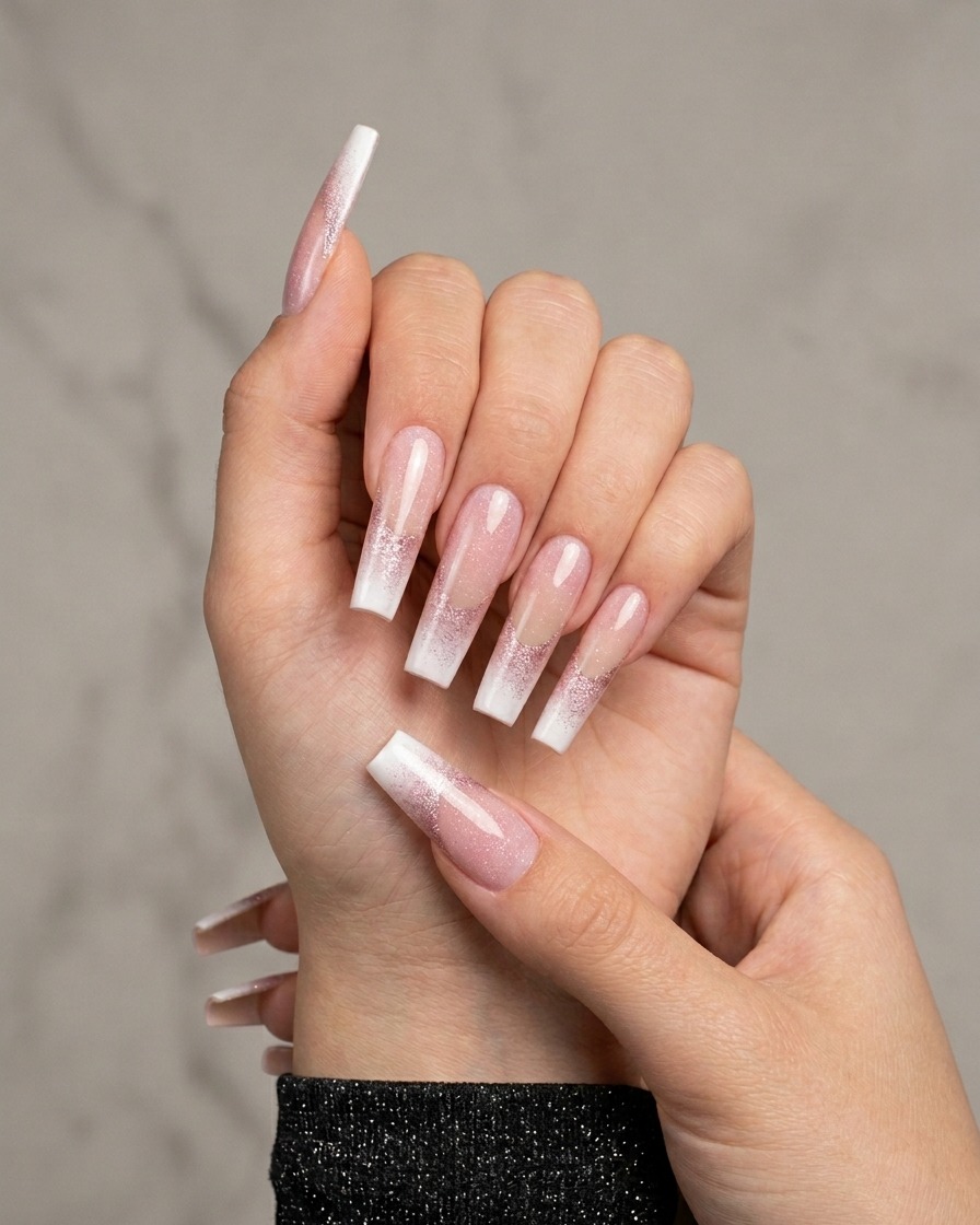 La mano del nail artist che usa una spugna per applicare un secondo strato di gel bianco sulle punte di unghie lunghe e quadrate.