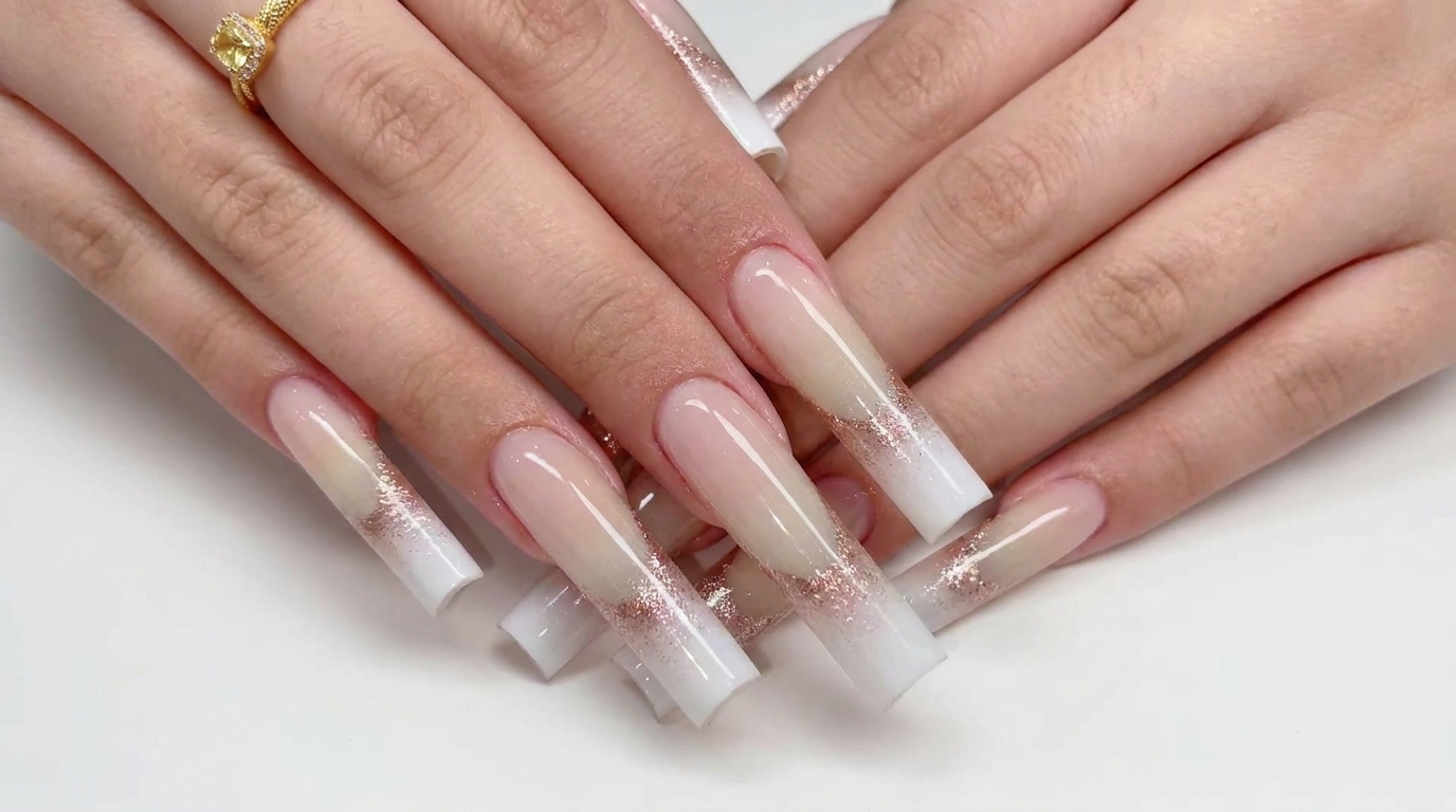 Unghie a Tubo Quadrato con Glitter Oro Rosa e Sfumatura Bianca