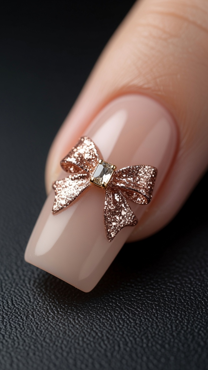Unghie Nude Matte con Fiocco in Glitter Oro Rosa — Tutorial Nail Art Elegante
