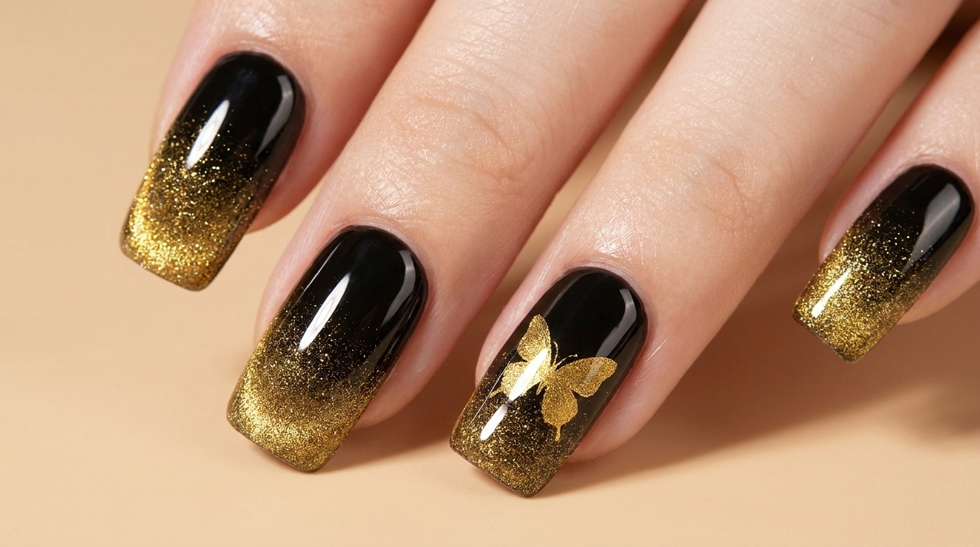 Unghie Cat-Eye Oro con Farfalle — Tutorial Passo dopo Passo