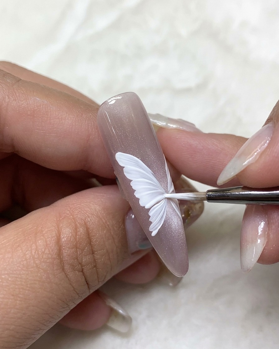 Primo piano di ununghia con delicate ali di farfalla in gel bianco delineate da un pennello liner fine.