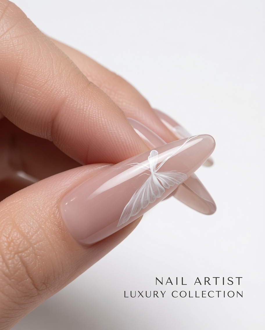 Primo piano di ununghia che mostra il design della farfalla accanto a piccole macchie circolari di colore bianco che fanno da base per le rose.