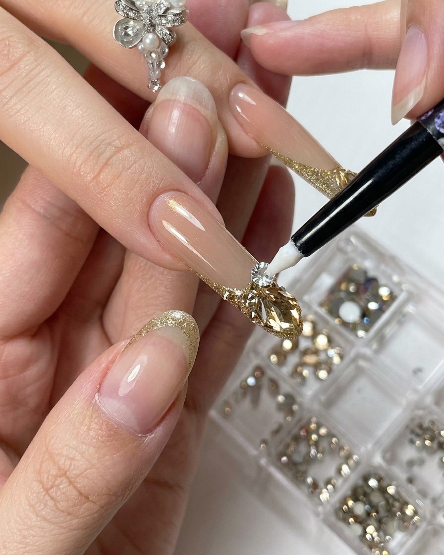 Una pinzetta di precisione che posiziona con cura un grande cristallo sfaccettato color champagne su una goccia di gel adesivo.