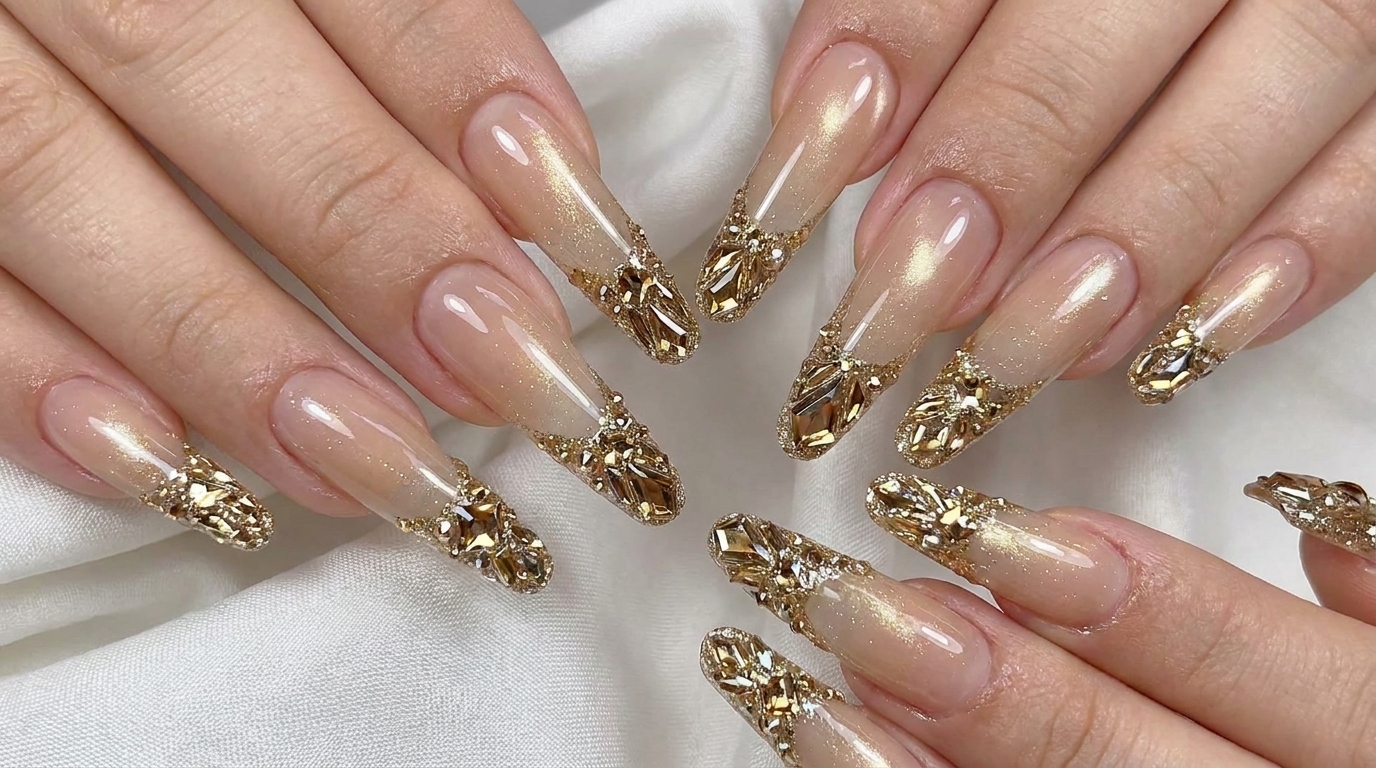 Unghie lunghe scolpite con effetto nude gradient, impreziosite da punte glitter champagne e decorazioni in cristallo.