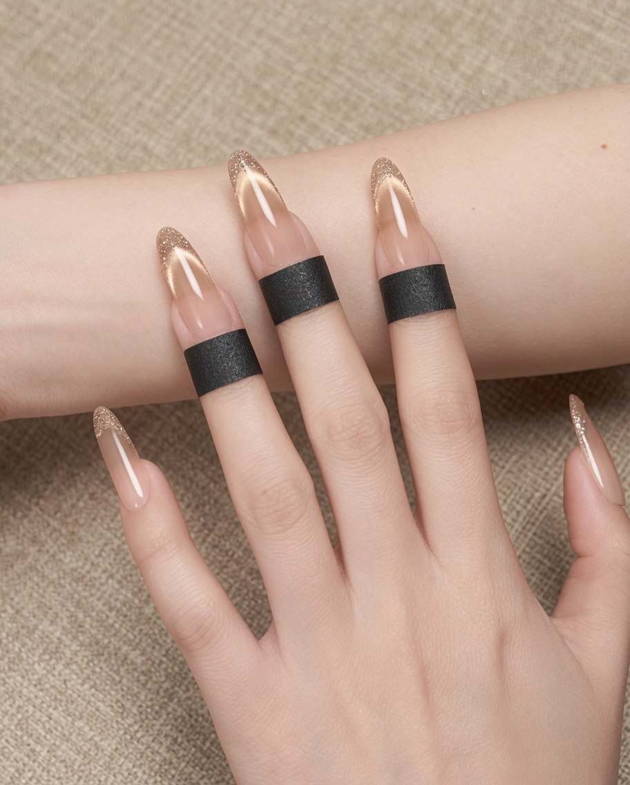 Una mano con smalto cat-eye finito inserita in una lampada UV professionale.