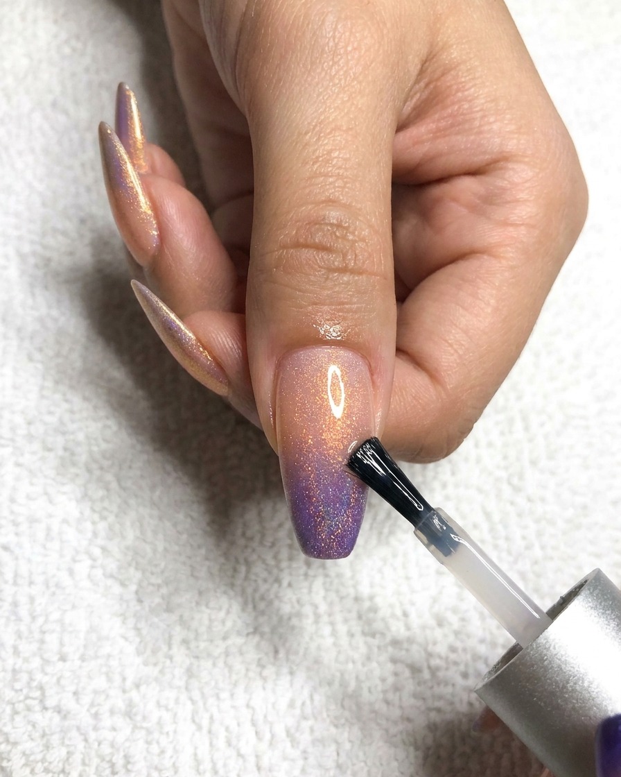 Un pennello che applica un top coat trasparente e lucido sullunghia di un dito medio, coprendo il design ombré olografico.