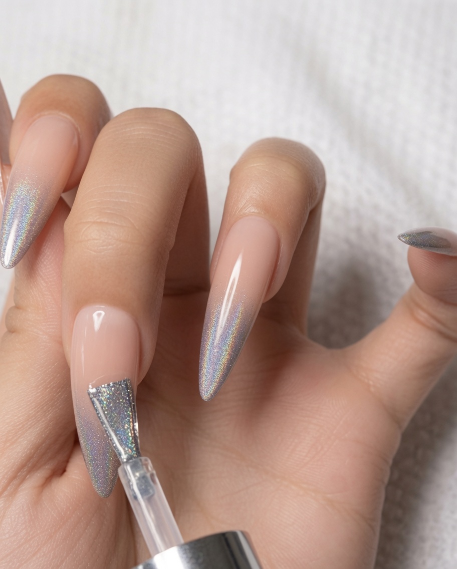 Un pennello per unghie che applica un sottile top coat lucido sopra il design ombré olografico su ununghia dellindice.