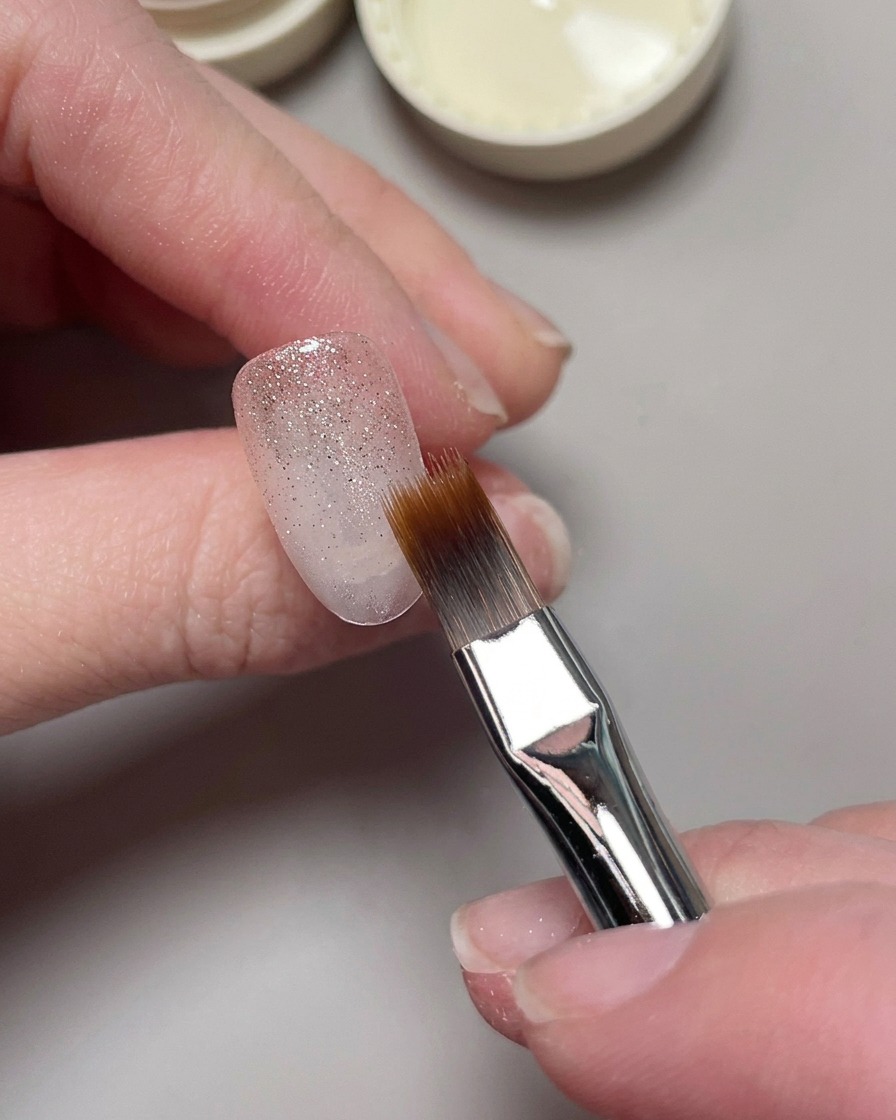 Un pennello per unghie applica uno strato di smalto gel cat eye glitterato su una base trasparente.
