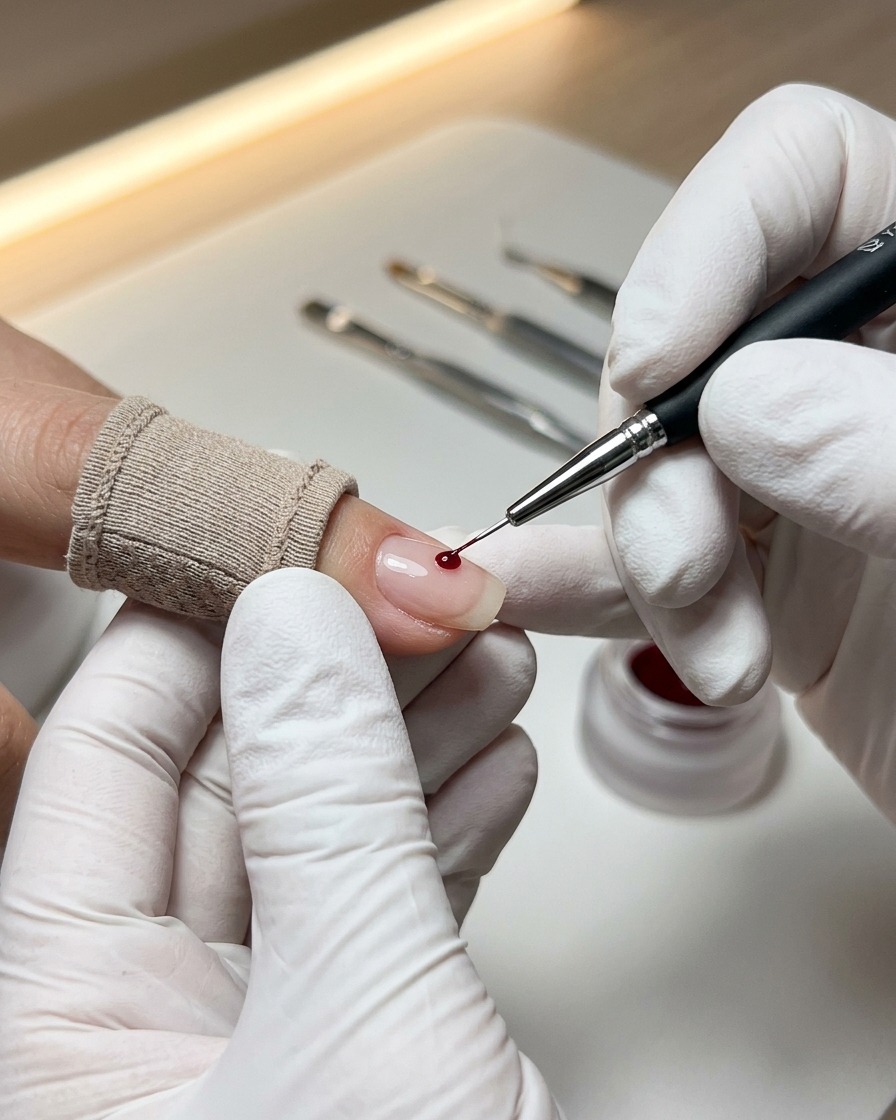 Primo piano di un pennello liner fine che applica una piccola quantità di gel trasparente vicino alla cuticola.