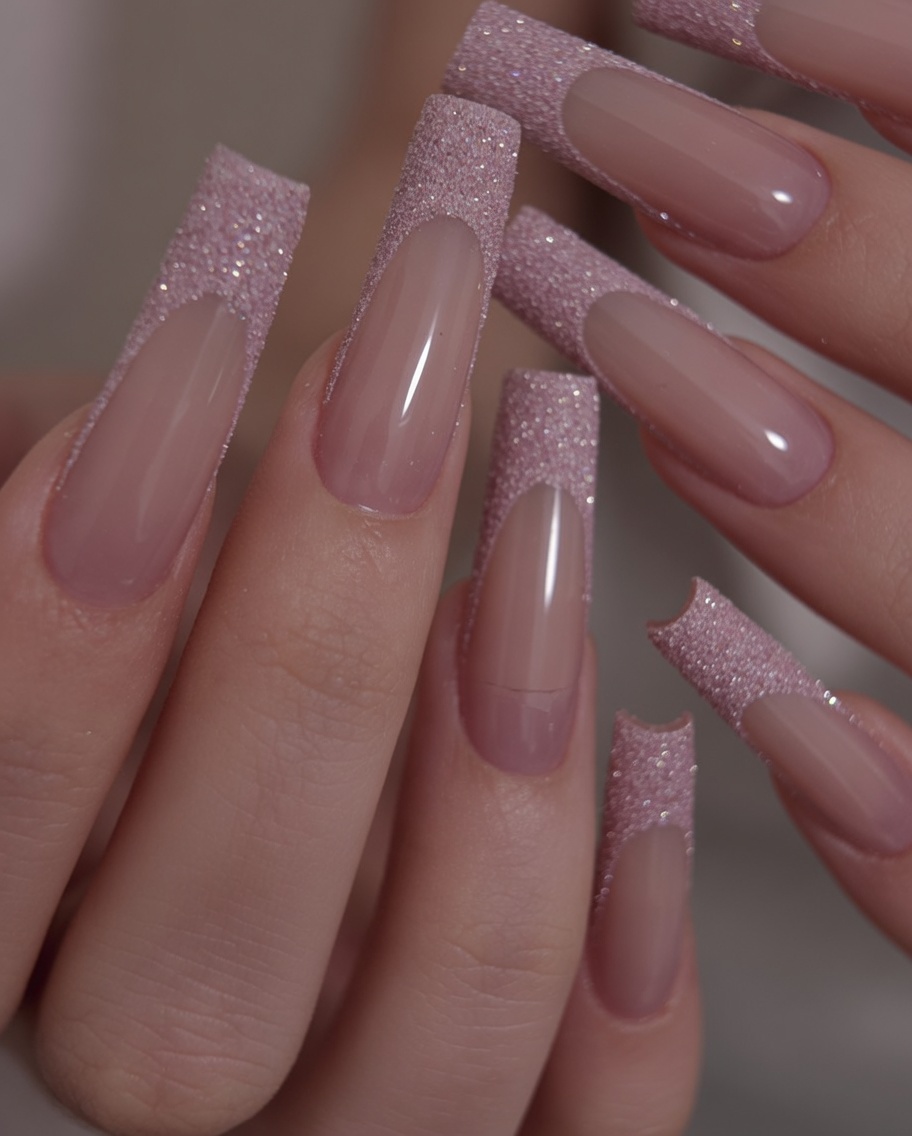 Una coppia di mani che mostra unghie lunghe e quadrate con base rosa e French glitterata in una posa rilassata ed elegante.