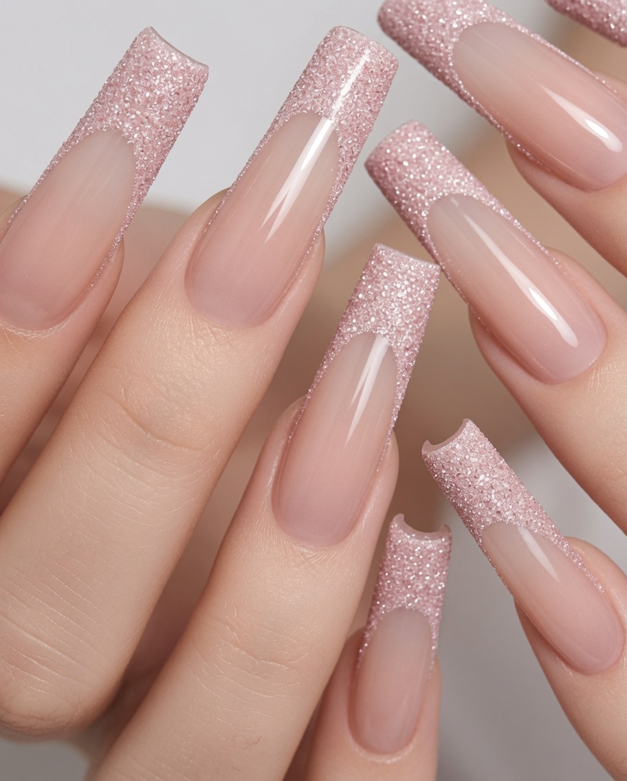 Un primo piano delle dita posizionate per catturare la luce, enfatizzando la texture scintillante delle punte French glitterate.