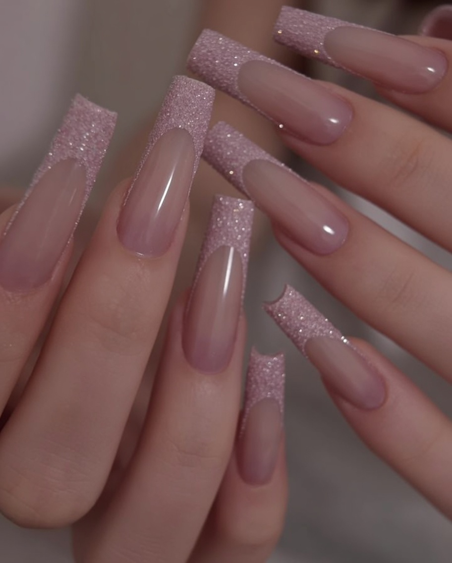 Una vista ravvicinata di una mano con unghie lunghe squadrate con punta glitterata rosa, osservata da unangolazione che enfatizza la texture.