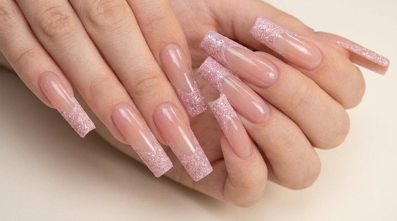 Unghie Squadrate Lunghe con French Glitter Rosa — Tutorial Passo dopo Passo