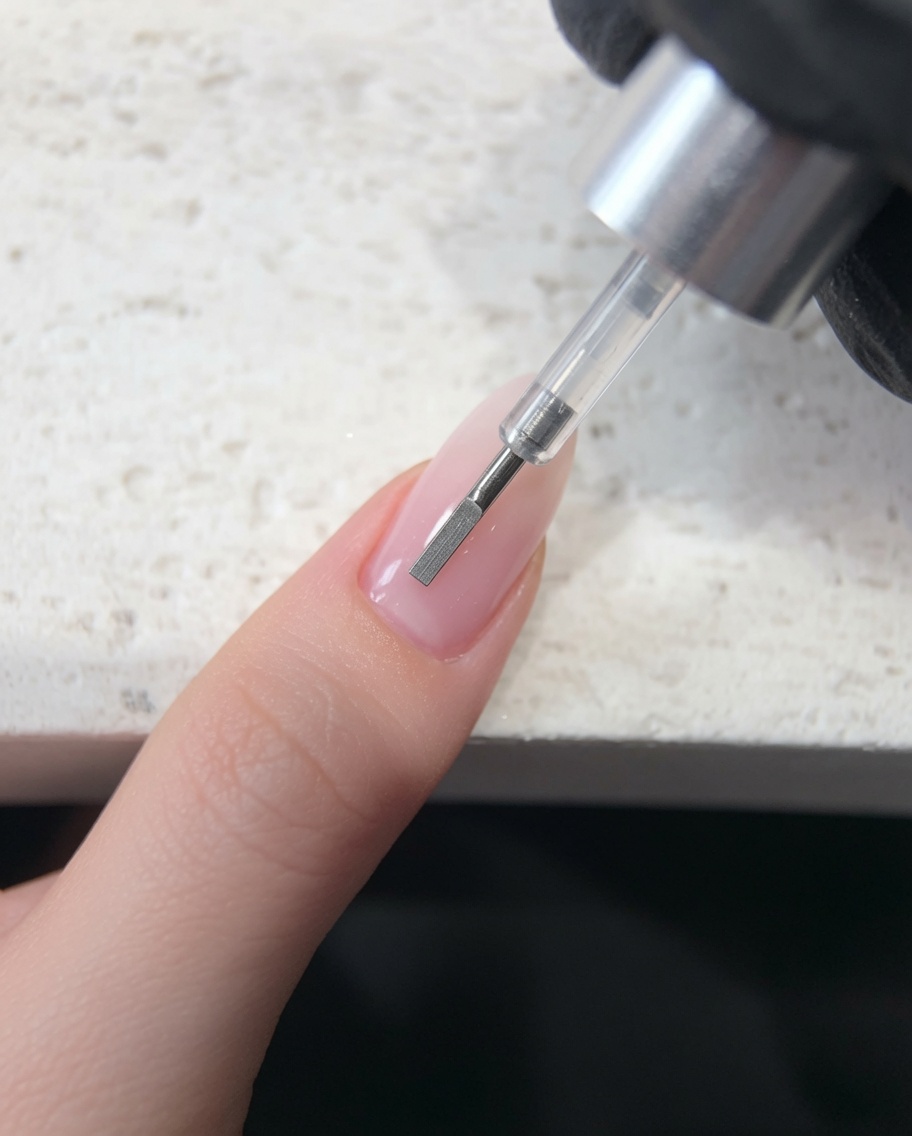 Un pennello per smalto gel che applica un top coat trasparente senza dispersione su una base jelly rosa.