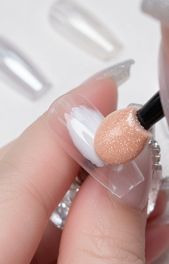 Un dito con applicatore strofina la polvere specchio argento sulla striscia centrale della tip.