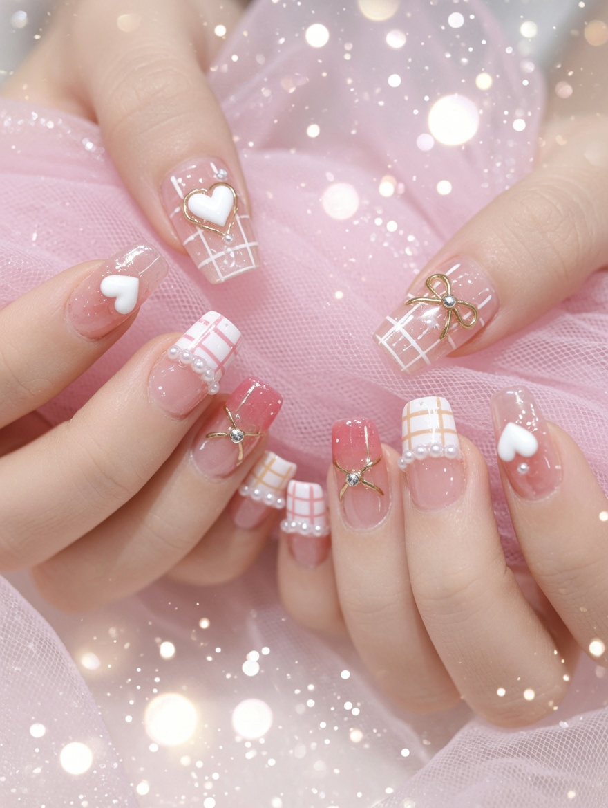 Nail Art 'Pink Grid' e Cuori 3D: Tutorial Passo dopo Passo