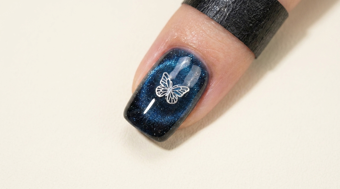 Splendide unghie con sfumatura cat-eye magnetica blu e nera adornate con una delicata decorazione a farfalla.