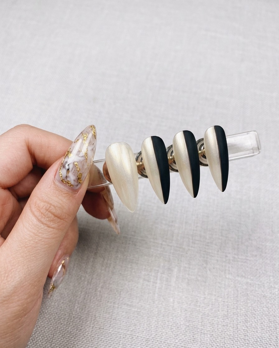 Una pistola per airbrush che spruzza gel bianco su un set di unghie mascherate con adesivi verticali.