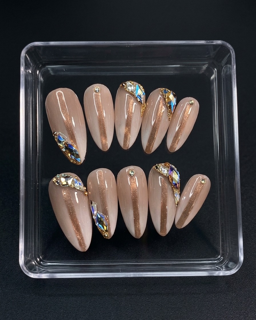 Primo piano di uno strumento che posiziona strass scintillanti alla base delle unghie vicino alla cuticola.