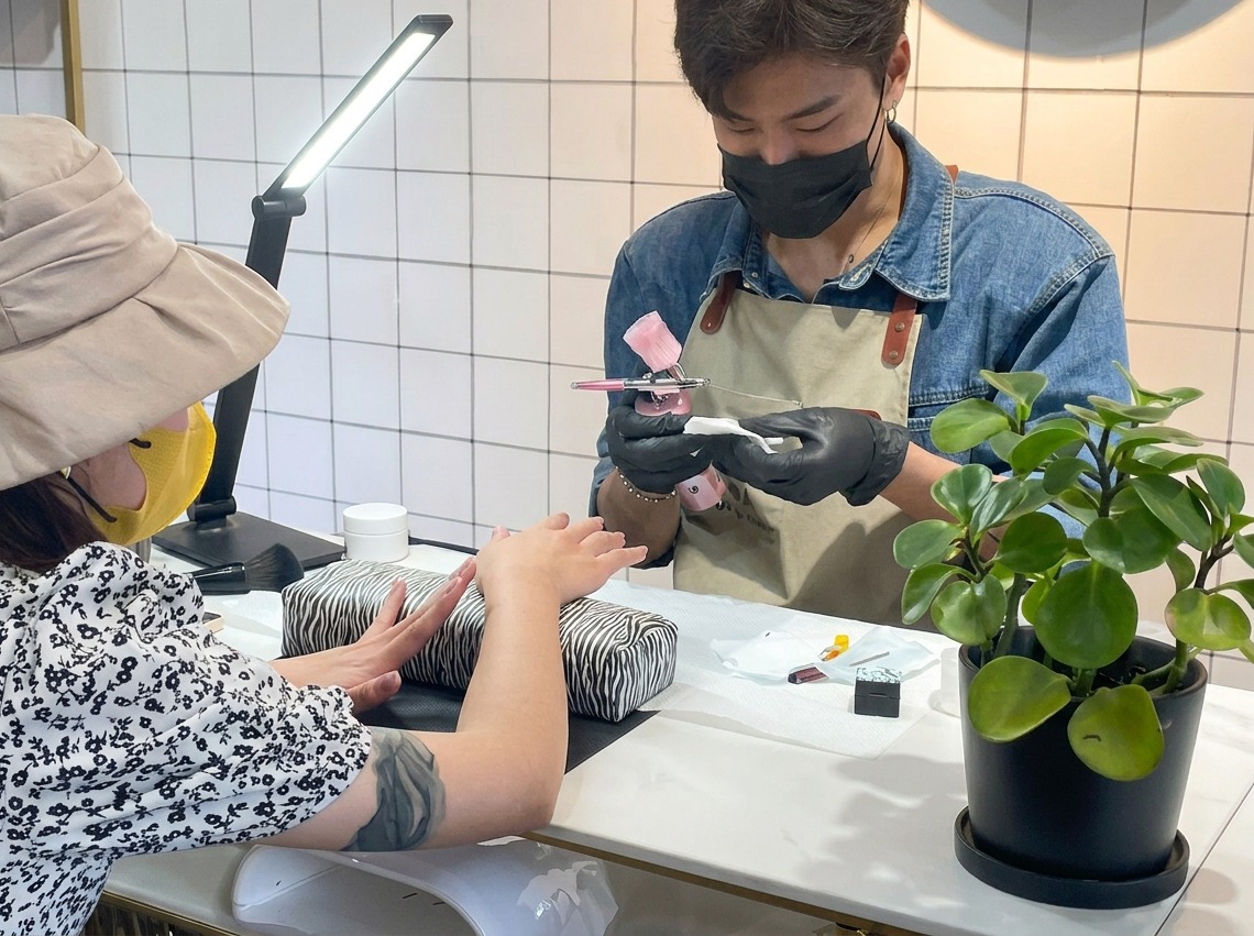 Unonicotecnica che punta un aerografo verso lunghia di una cliente in preparazione per lapplicazione di una sfumatura di colore.