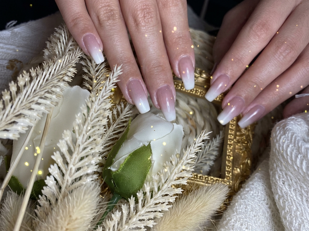 Primo piano delle dita posizionate su uno sfondo decorativo, con focus sulla transizione ombré senza linee visibili.