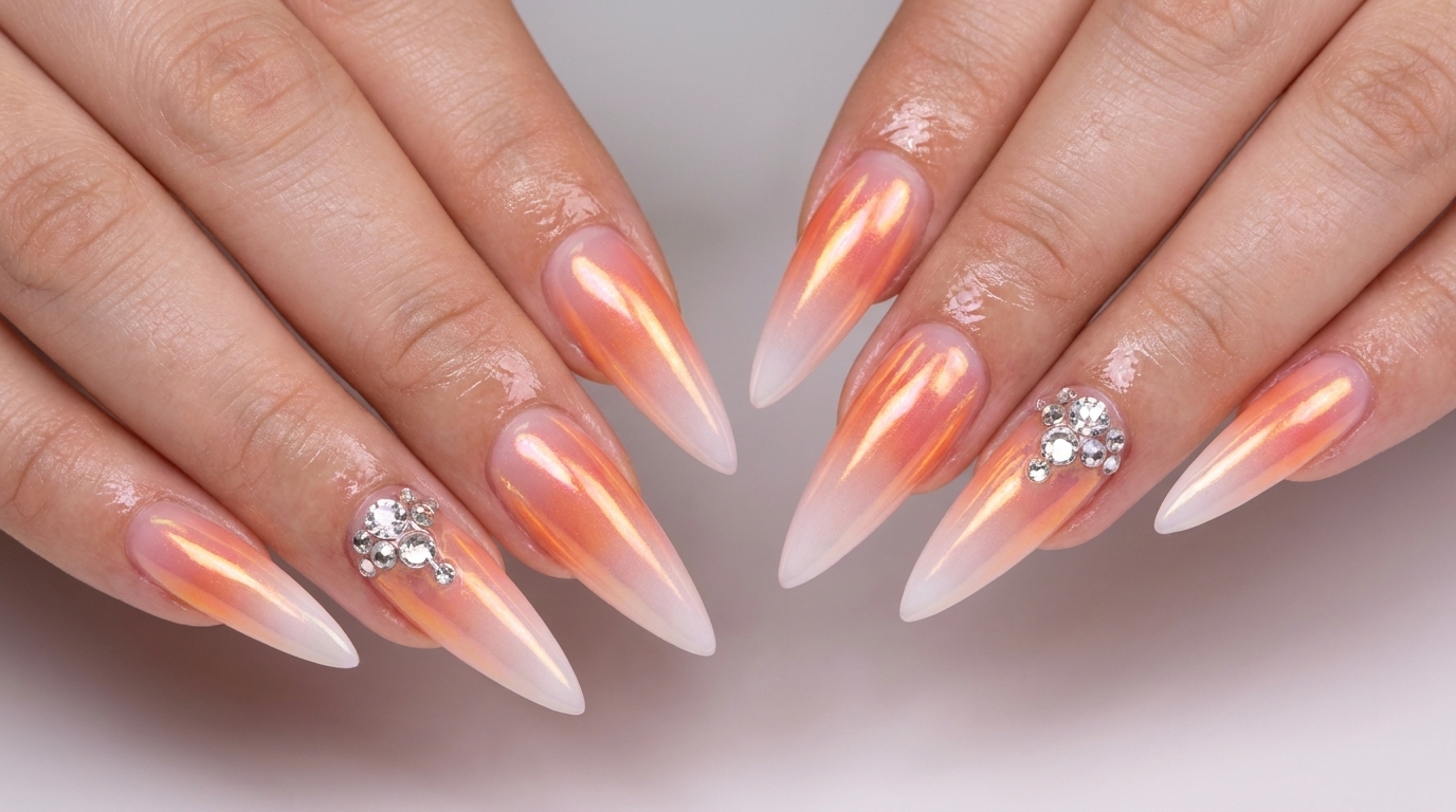 Unghie Stiletto Sfumate Bianche con Polvere Aurora — Tutorial Passo dopo Passo