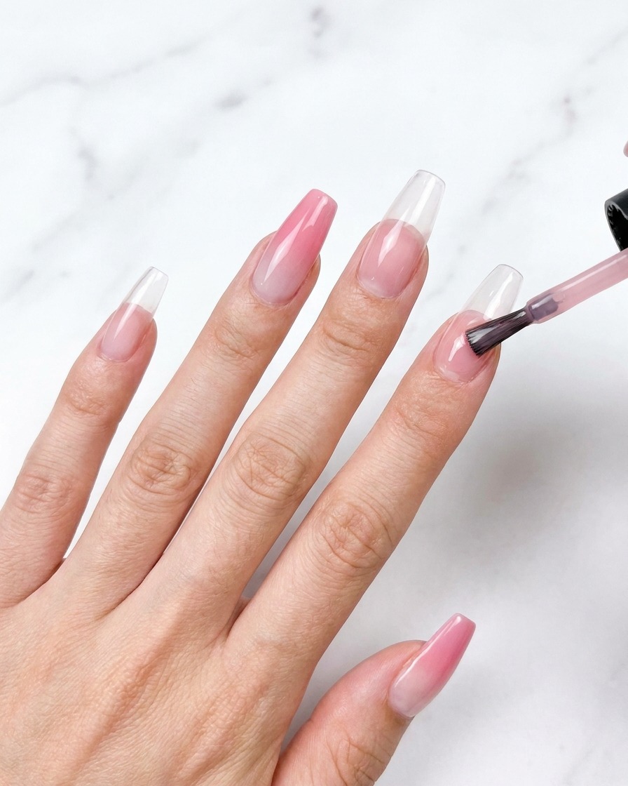 Un pennello applica uno smalto gel rosa traslucido su unestensione per unghie trasparente.