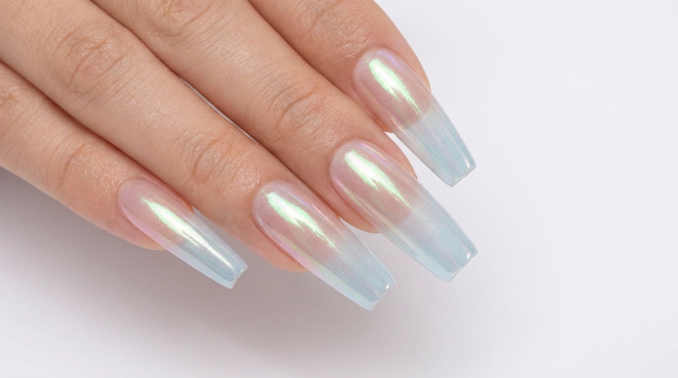 Unghie lunghe di forma quadrata con una sfumatura da blu ghiaccio a nude, arricchite da una luminosa finitura aurora chrome.