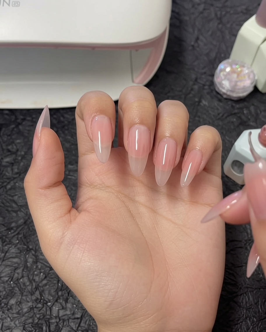 Un pennello che applica un secondo strato di smalto gel nude su un pollice.