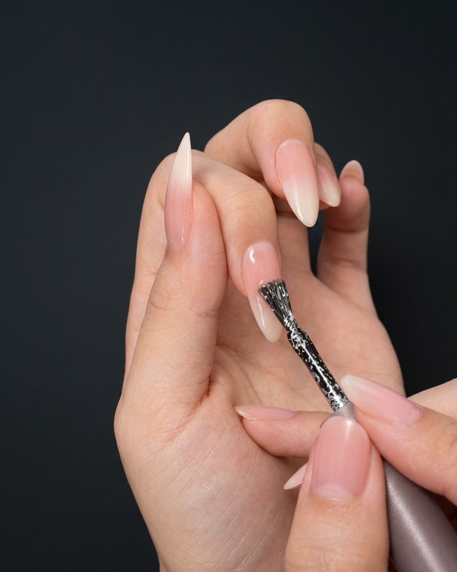 Primo piano di una mano che usa un pennello di precisione per applicare una linea verticale di gel glitterato argento fine al centro di ununghia a stiletto con sfumatura nude e bianca.