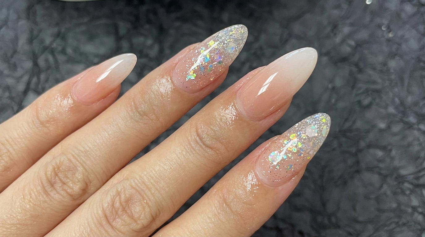 Unghie Ombré Nude e Bianche con Dettagli Glitter Spessi