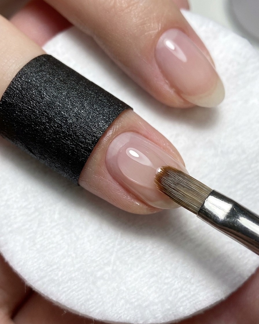 Un pennello per unghie applica un top coat lucido no-wipe sopra ununghia ombré rosa completata.