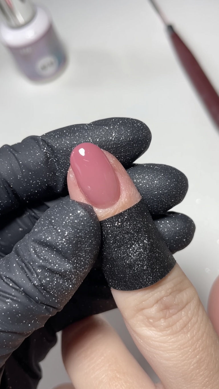 Primo piano macro di una perfetta manicure con sfumatura ombré gel naturale, dai toni nude al rosa, con finitura ultra brillante.