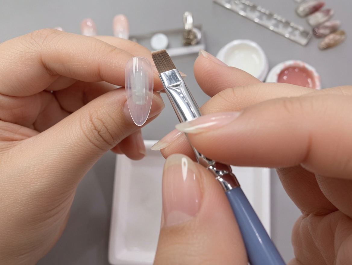 Primo piano di un pennello piatto che applica uno strato liscio di gel bianco su ununghia artificiale tenuta da una mano.