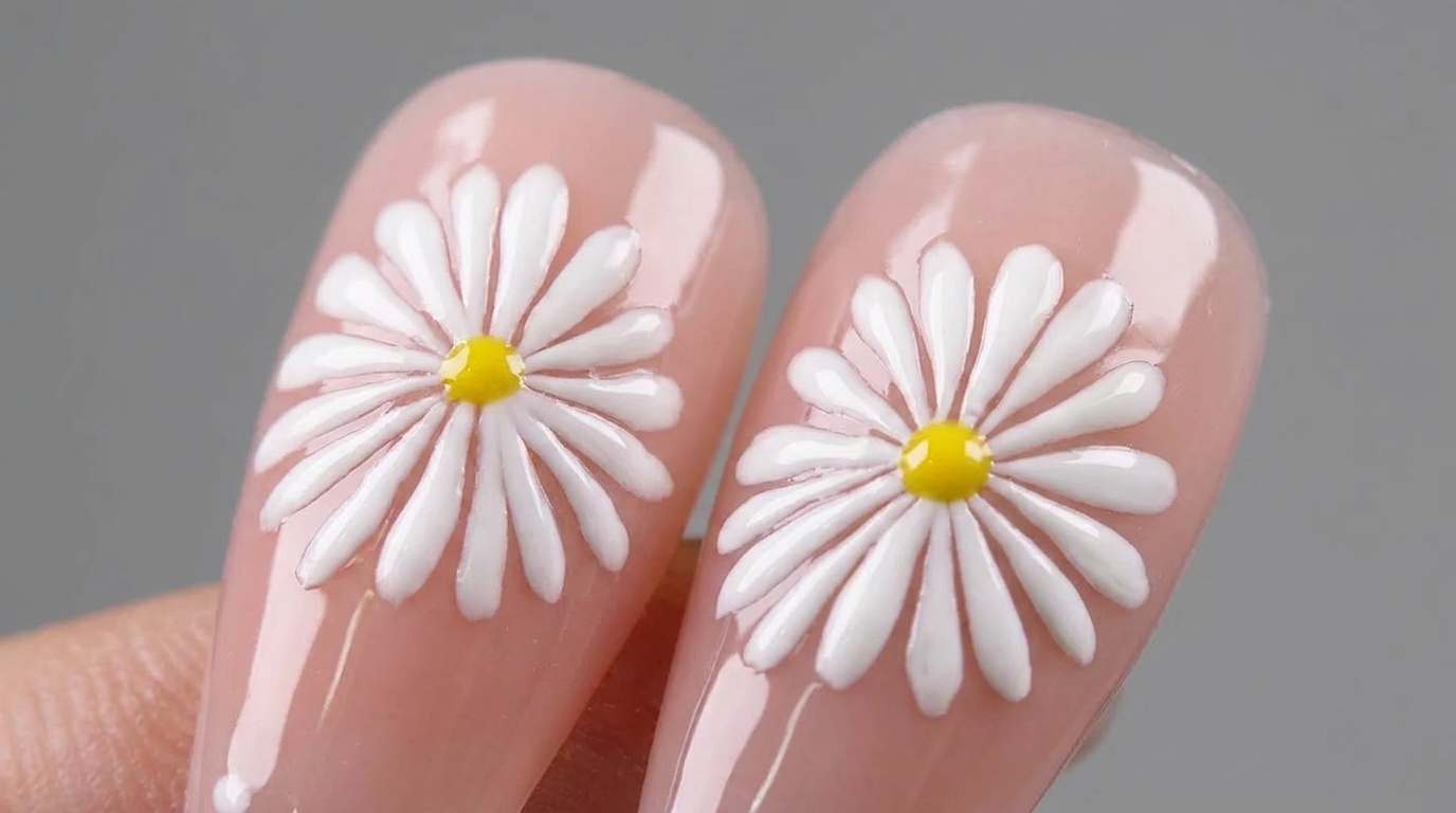 Vista ravvicinata delle punte delle unghie con un design a margherita bianca dipinta a mano con centro giallo su base rosa nude.