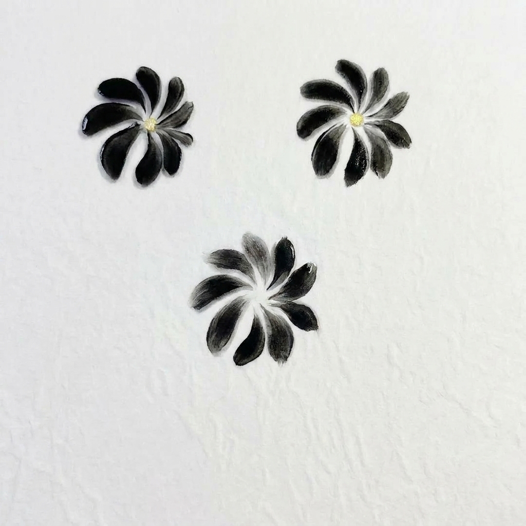 Un primo piano di un petalo nero in gel dipinto a mano su una superficie bianca.