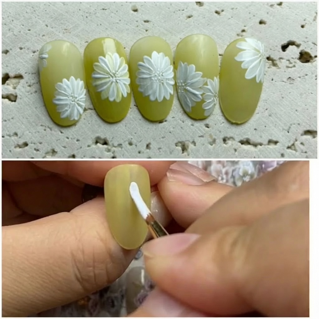Primo piano di un pennello che applica smalto gel giallo vibrante su ununghia.