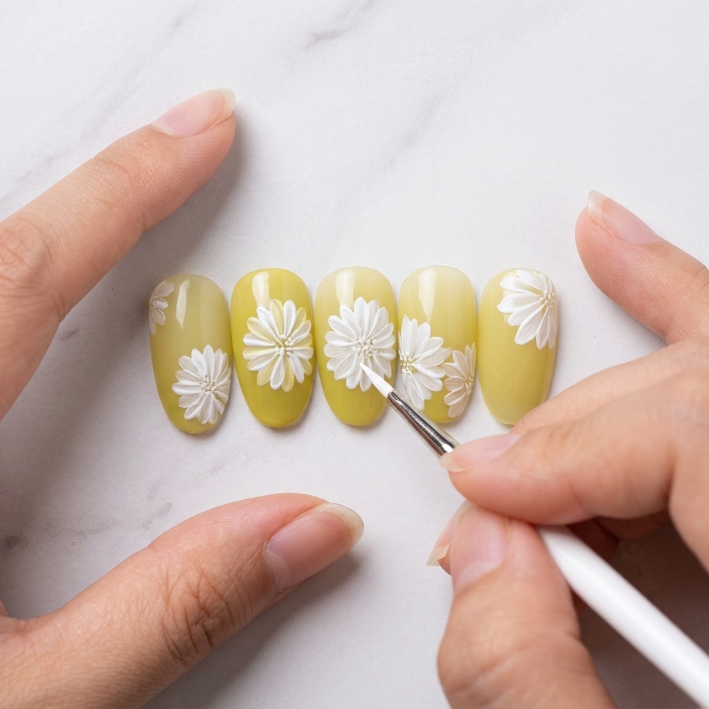Primo piano di un pennello per nail art che applica un petalo bianco su una margherita.