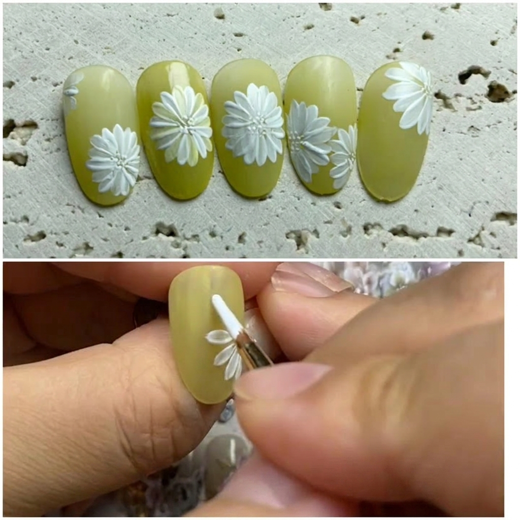 Una mano che inserisce ununghia con una margherita dipinta in una lampada UV/LED professionale.