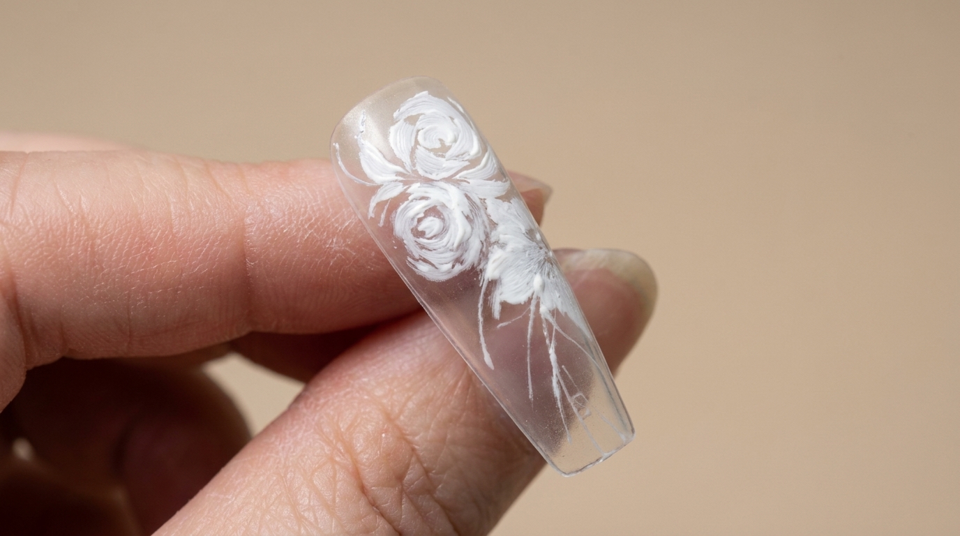 Ununghia trasparente lunga decorata con intricate rose bianche dipinte a mano e dettagli floreali delicati con una finitura tridimensionale.