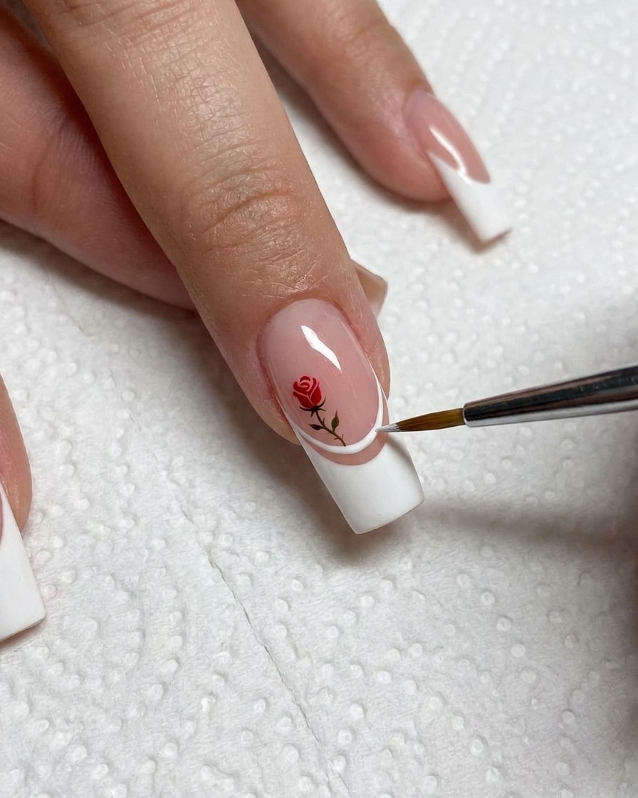 Una nail artist che usa un pennello liner per applicare una linea in rilievo lungo il bordo della French.