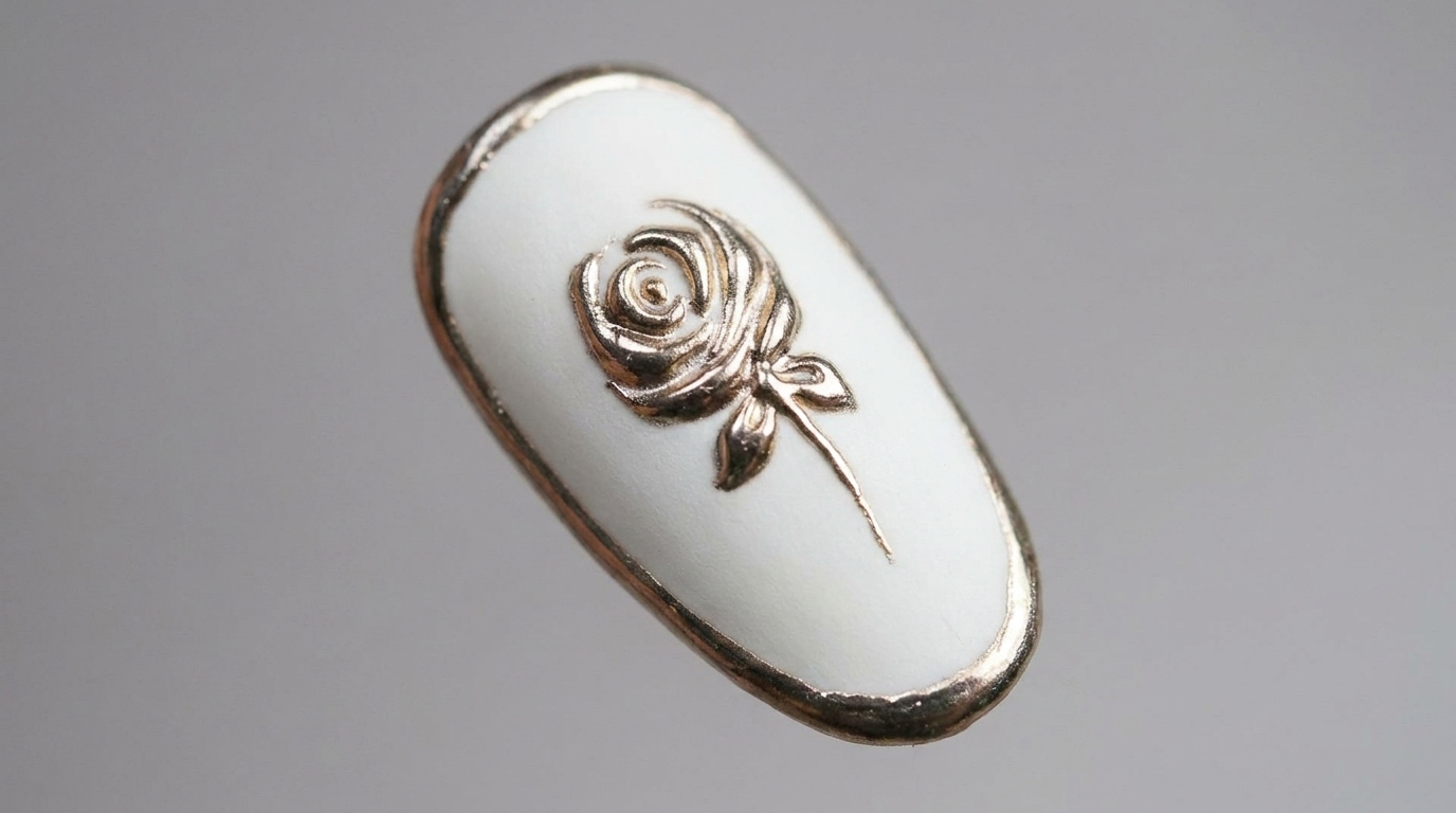 Unelegante unghia a mandorla caratterizzata da una base bianca opaca con un dettagliato design in rilievo a forma di rosa color oro cromato.