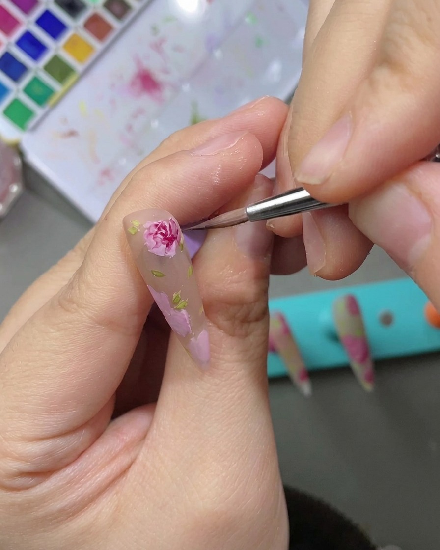 Primo piano di un design per unghie a rosa che viene arricchito con ombreggiature ad acquerello rosso più profondo per un effetto tridimensionale.