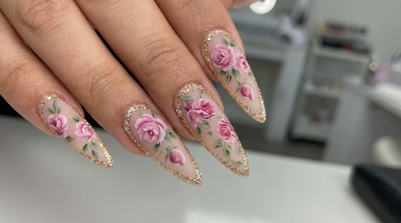 Nail Art Rose Opaco con Bordi in Platino — Tutorial Romantico per Unghie a Stiletto