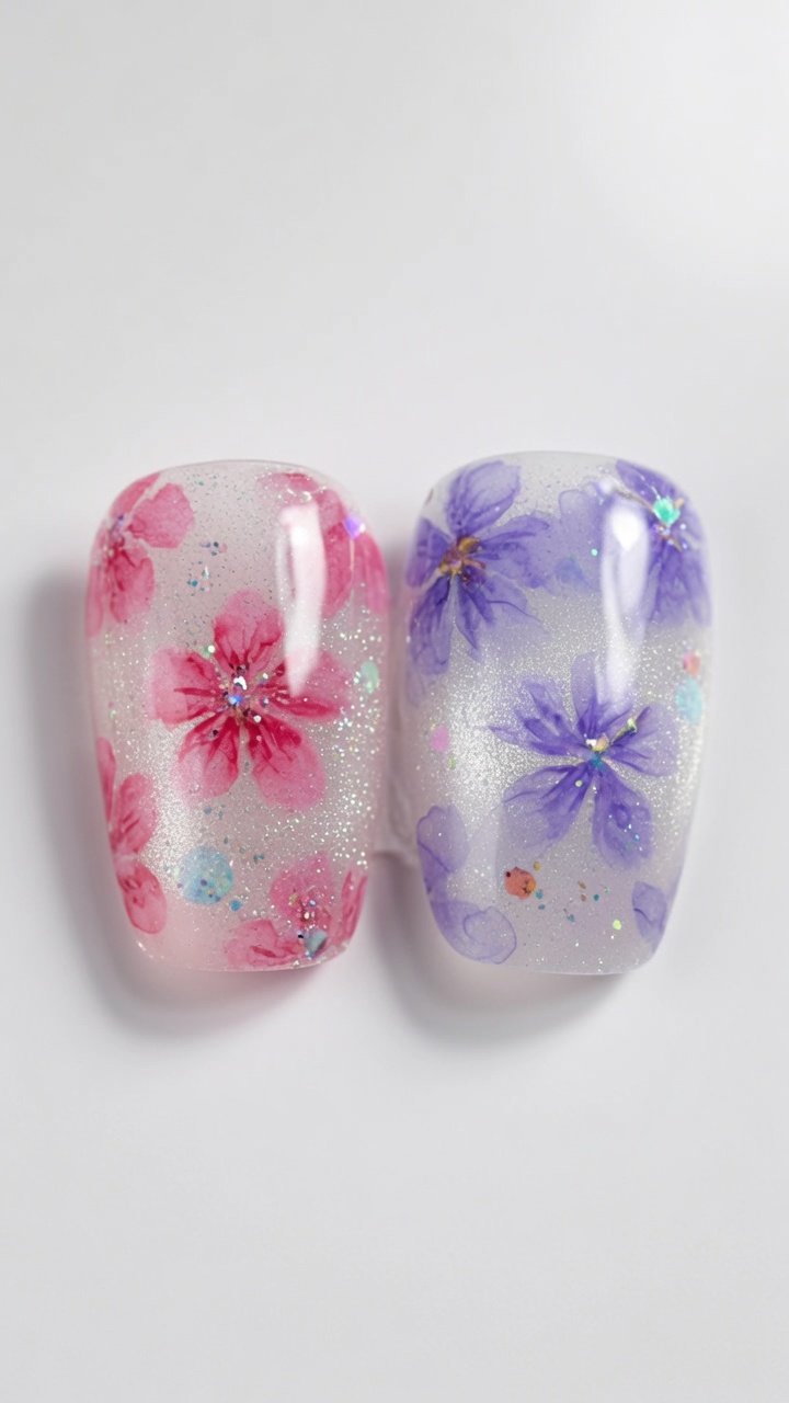 Unghie cat eye effetto ghiaccio decorate con fiori di ciliegio acquerellati nei toni del rosa e del viola.