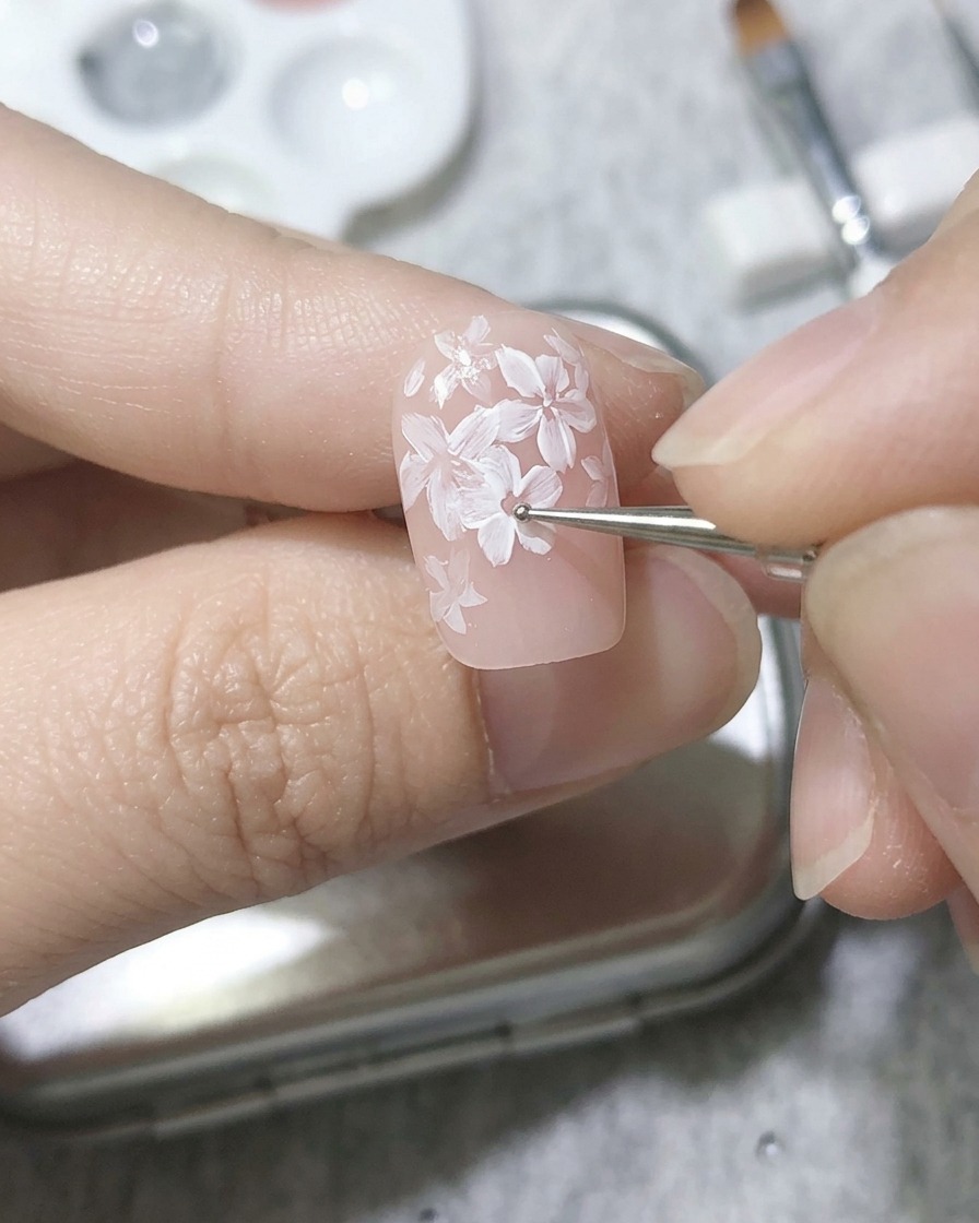 Un dotting tool che posiziona gel rosa al centro del secondo strato di petali.