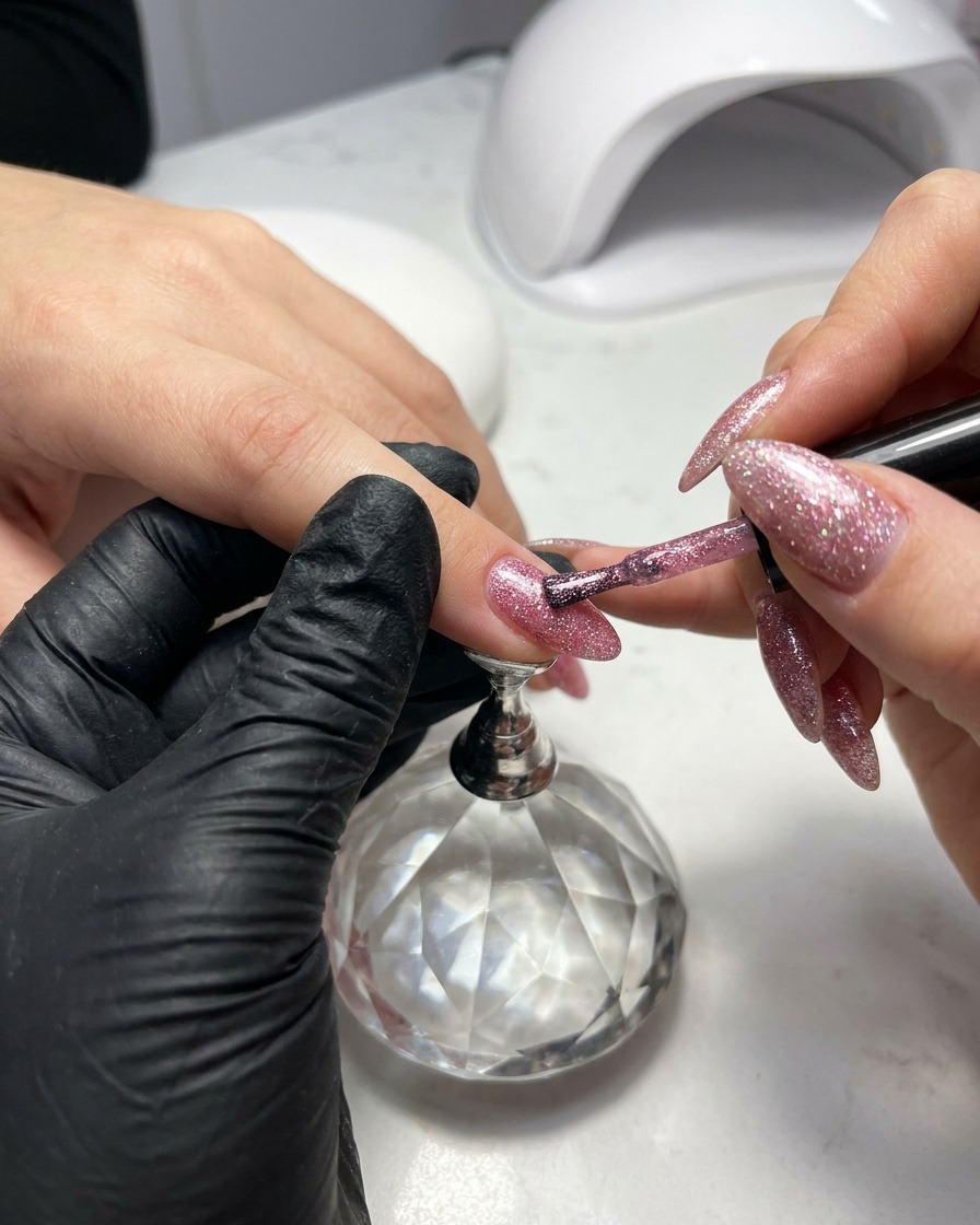 Un pennello a punta sottile applica il gel con diamanti frantumati rosa sullunghia, creando una sfumatura dalla cuticola verso la punta.